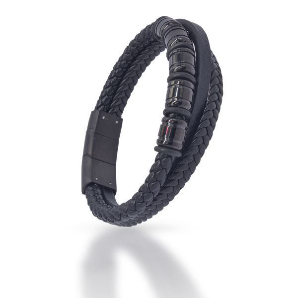 Genuine Leather Bracelet - Black Braided Multibands with Black Stainless Steel Elements and Closure