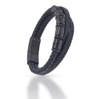 Genuine Leather Bracelet - Black Braided Multibands with...