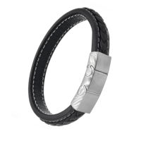 Genuine Leather Bracelet - Braided multi-bands with Stainless Steel Clasp Black