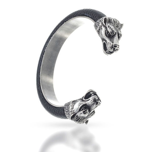 Stainless steel bangle with leather - wolfs head