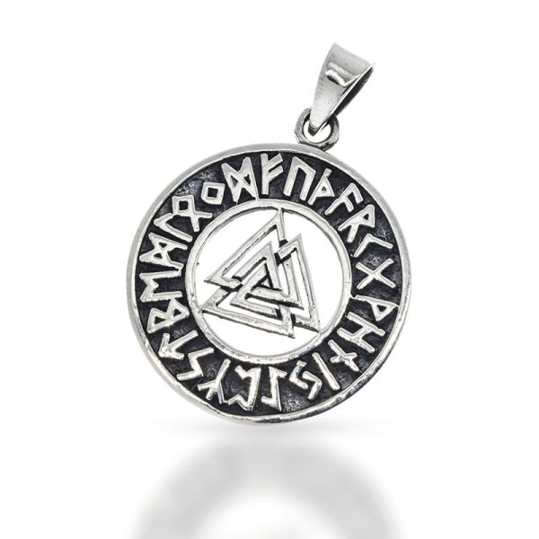 Triade Valknut Amulet with Runic Border in 925 Sterling Silver