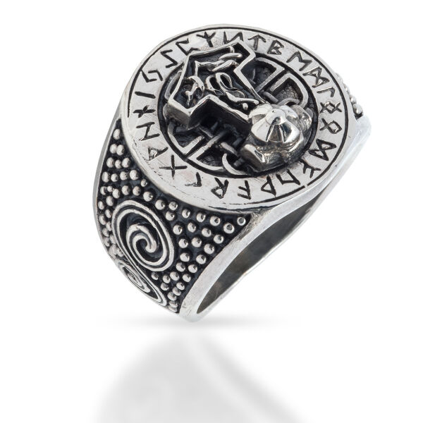 925 Sterling Silberring - Thorshammer Siegelring mit Runenumrandung 60 (19,1 Ø) 9,1 US