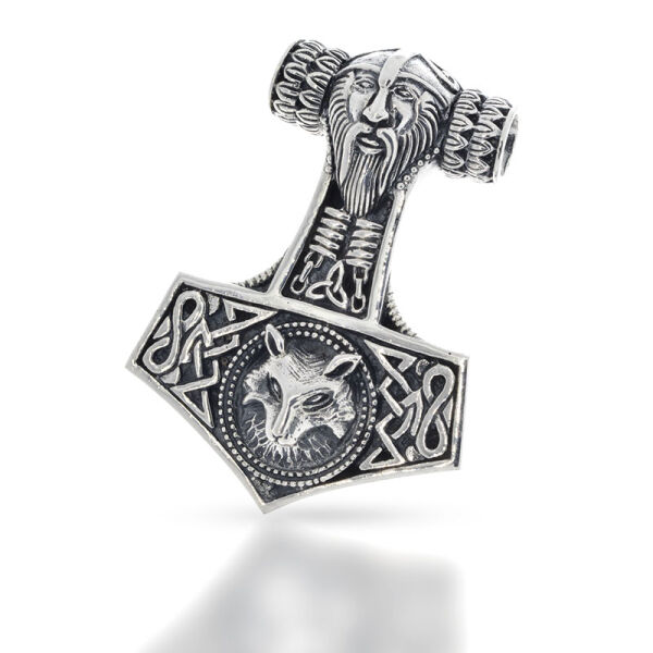 Thors Hammer with Bearded Mask, Wolf Head and Knots in 925 Sterling Silver