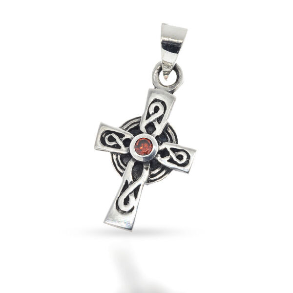 925 Sterling Silberanhänger - Keltenkreuz mit rotem Stein