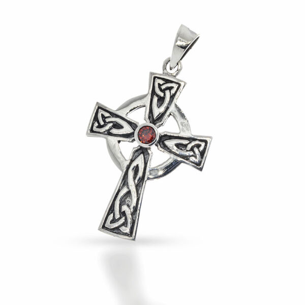 925 Sterling Silberanhänger - Keltenkreuz mit rotem Stein