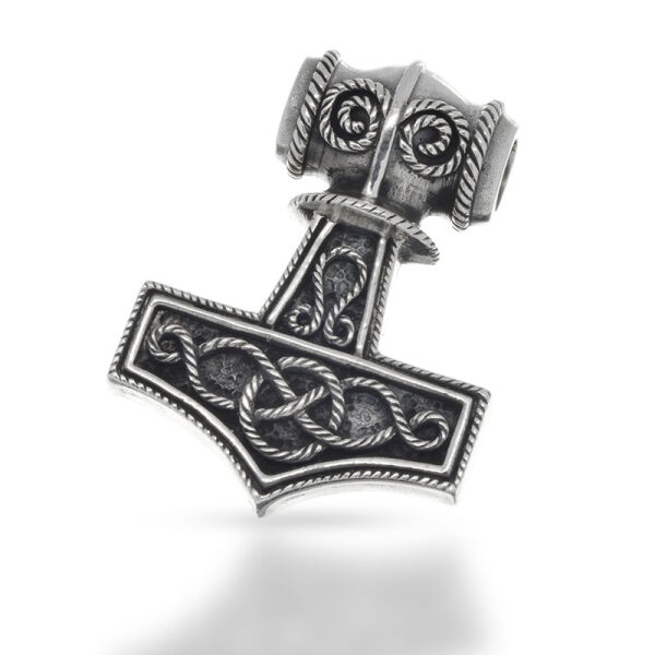 Mjolnir Pendant with Owl-Like Mask and Braided Relief in 925 Sterling Silver