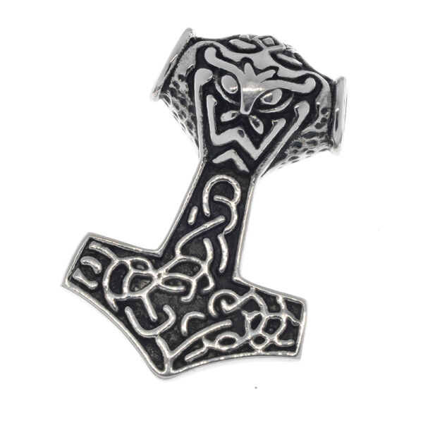 Edelstahlanhänger – Thors Hammer mit Maskenkopf und Knotenbändern, kompakt