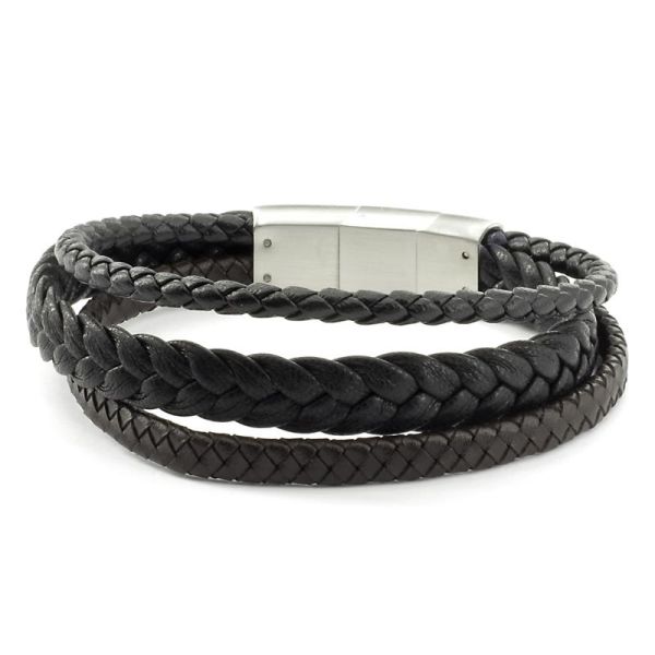 Echt Leder Armband - Schwarz geflochtene Multi Bänder und Edelstahl  Elementen