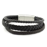 Echt Leder Armband - Schwarz geflochtene Multi Bänder und Edelstahl  Elementen