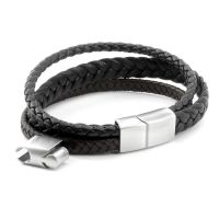 Echt Leder Armband - Schwarz geflochtene Multi Bänder und Edelstahl  Elementen
