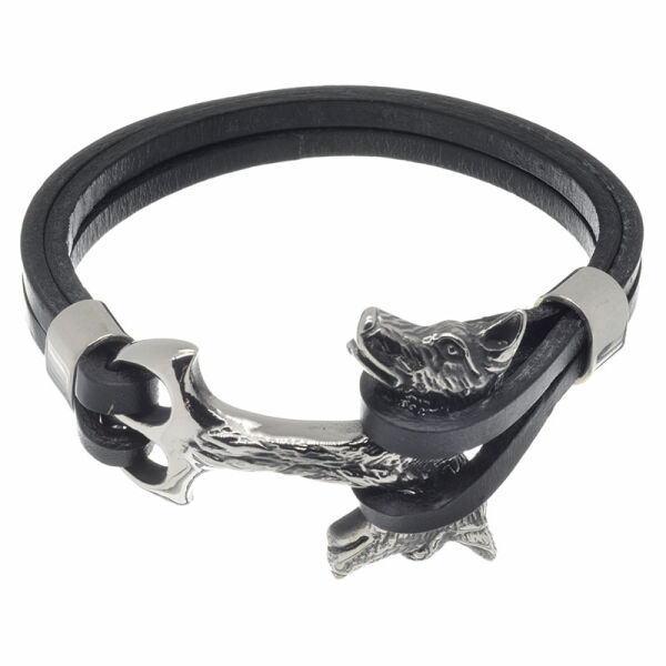 Edelstahlkette - Schwarzes Leder mit Wolfverschluss