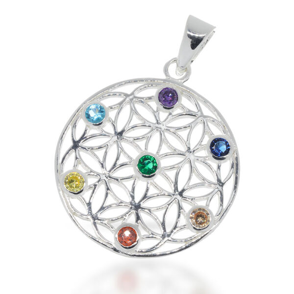 Flower of Life Pendant with Seven Colour Accents in 925 Sterling Silver