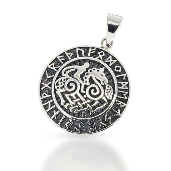 Pferde-Amulett mit Spiralen und Runenkreis aus 925er Silber