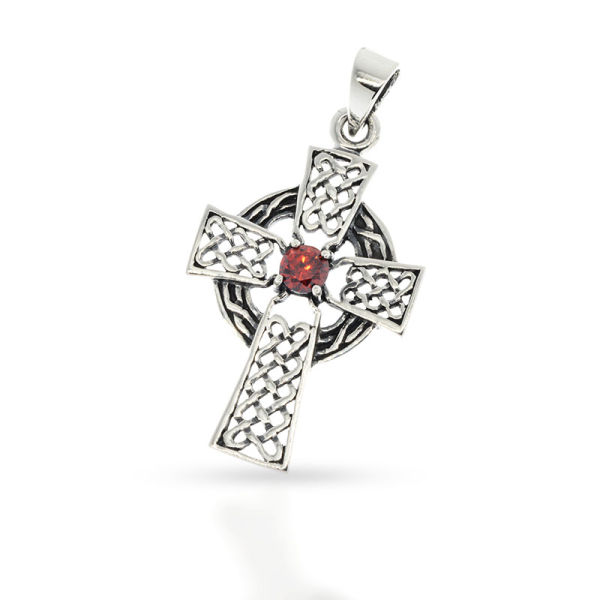 925 Sterling Silberanhänger - Keltenkreuz mit hellrotem Stein