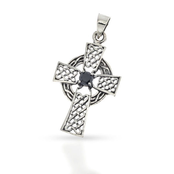 925 Sterling Silberanhänger - Keltenkreuz mit schwarzem Stein