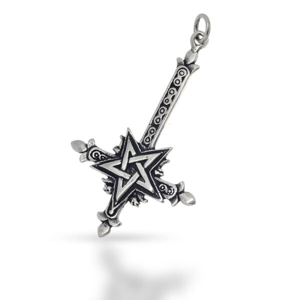 Inverted Gothic Cross with Pentagram Relief in 925 Sterling Silver