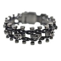 Stainless steel - leather bracelet with skulls