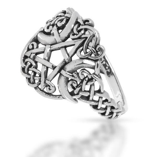 925 Sterling Silberring - Pentagramm mit zwei Mondsicheln 51 (16,2 Ø) 5,7 US