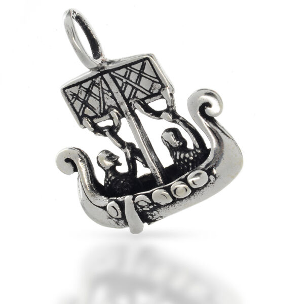 Viking Ship Pendant with Crew and Diamond Sail in 925 Sterling Silver