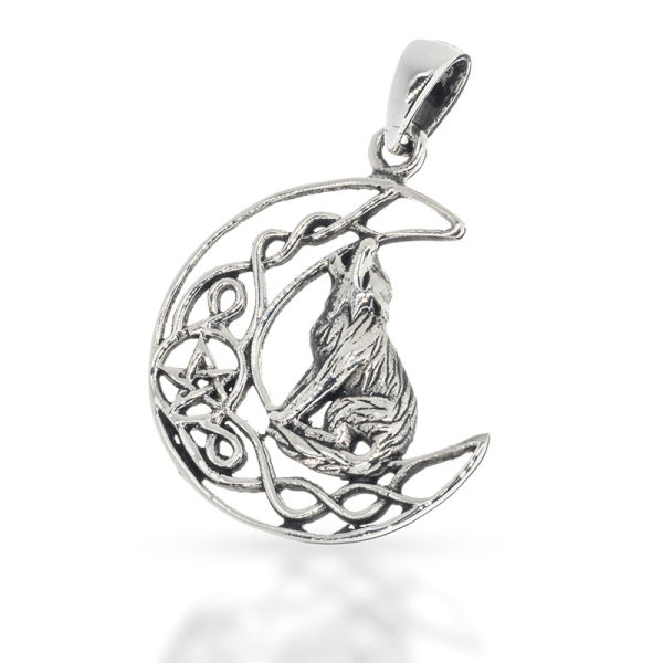 925 Sterling Silberanhänger - Sterling Silber 925 - Wolf auf der Mondsichel mit Pentagramm