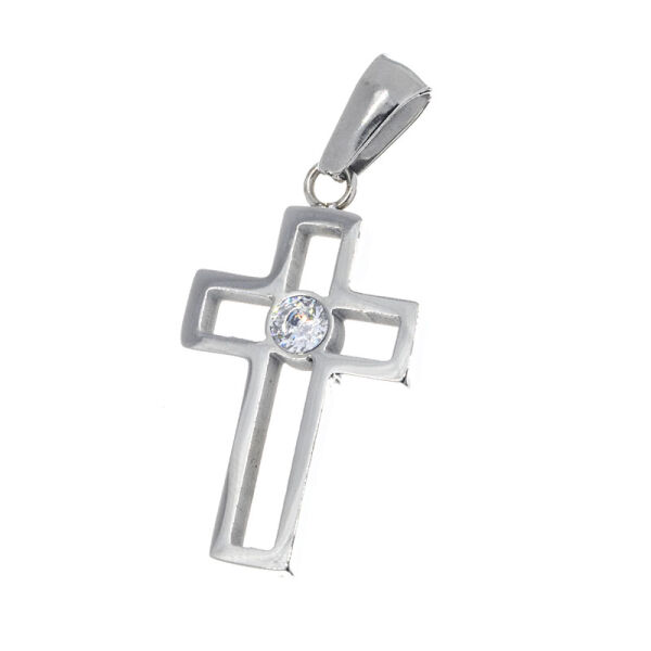 Stainless Steel Pendant – Open Cross with Round Centre Stone