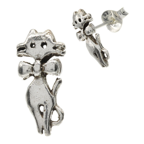 Silver Stud Earrings - Cat with Bow Tie “Thea”