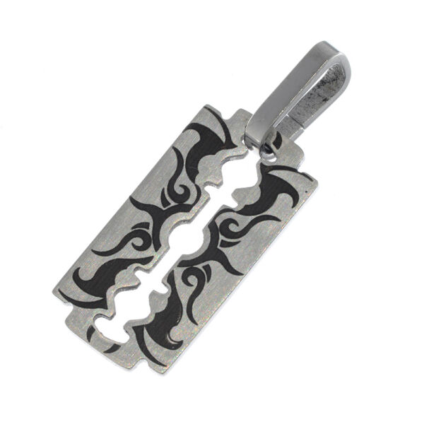 Stainless Steel Pendant – Razor Blade Motif with Broad Tribal Ornament