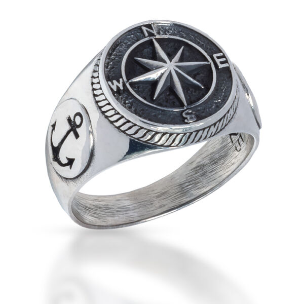 925 Sterling Silberring - Kompass mit Anker "Westjord" 72 (22,8 Ø) 13,8 US