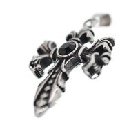 Stainless steel pendant - Cross “Xomer” Fleur de Lis with black stone