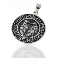 925 Sterling Silver Pendant - Runic Circle Hugin and Munin