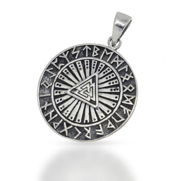 Valknut Amulet with Radial Pattern and Runes in 925 Sterling Silver