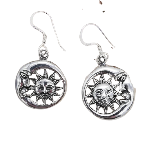 925 Sterling Silver Drop Earrings – Sun and Moon Face in an Open Circle