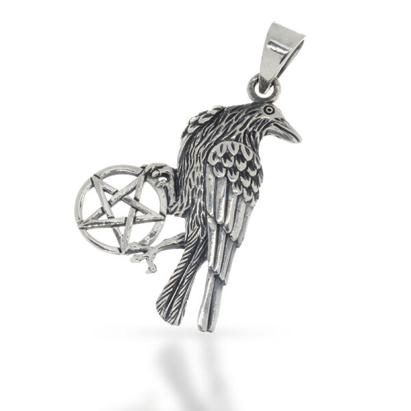 Bird Pendant with Pentagram and Feather Relief in 925 Sterling Silver