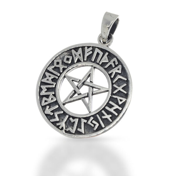 Pentagram Amulet with Dark Runic Border in 925 Sterling Silver