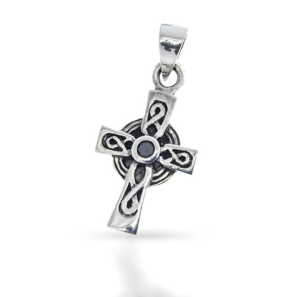 925 Sterling Silberanhänger - Keltenkreuz mit schwarzen Stein