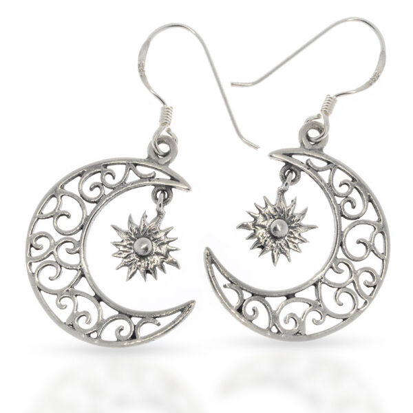 925 Silber-Ohrhänger – Ornamentmond Luna mit hängendem Strahlenstern