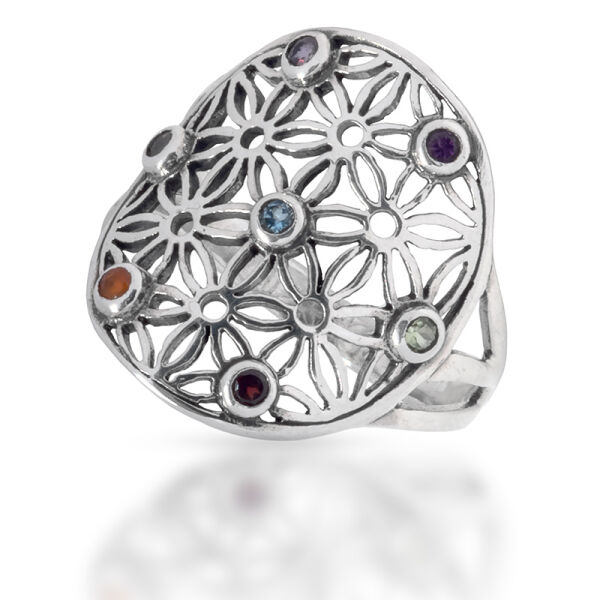 925 Sterling Silberring - Blume des Lebens mit 7 Chakren - 60 (19,1 Ø) 09 US
