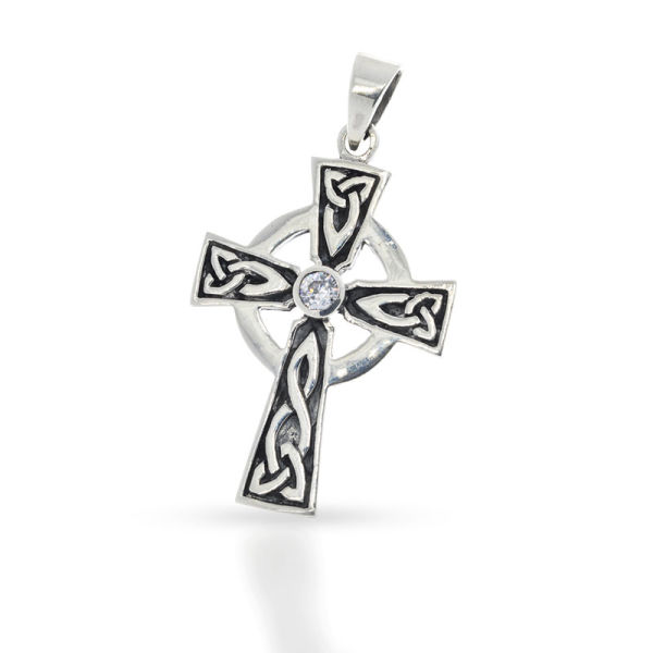 925 Sterling Silberanhänger - Keltenkreuz mit weißem Stein