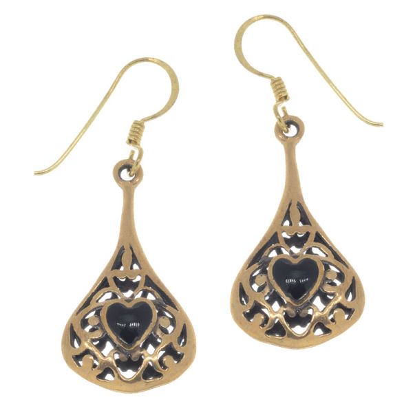 Bronzeohrringe - Tropfen mit Herz in Perlmutt / Onyx