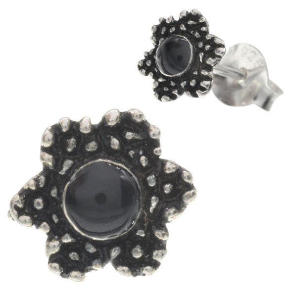 Silberohrstecker "Flower" mit schwarzen Stein