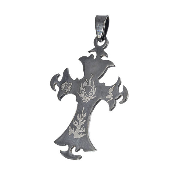 Stainless Steel Pendant – Tribal Cross with Flame Outline