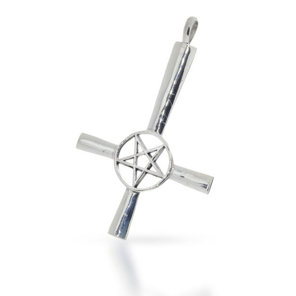 925 Sterling Silberanhänger - umgedrehtes Kreuz mit Pentagramm 69mm