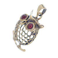 Bronzeanhänger - Eule mit Glasaugen rote Augen
