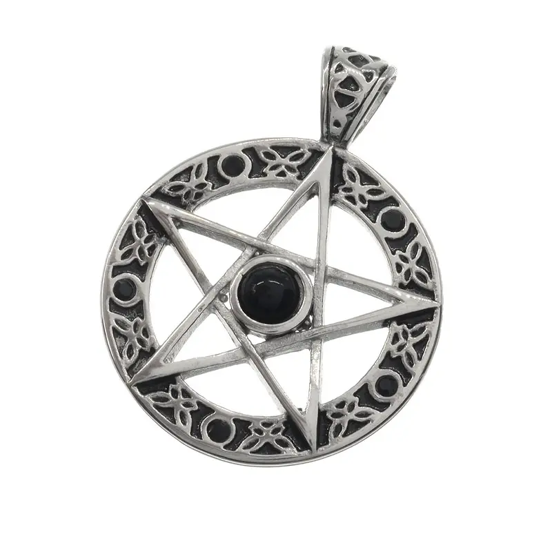 Stainless steel pendant pentagram with glass stones