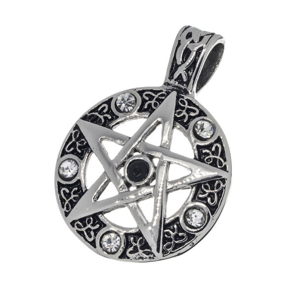 Stainless Steel Pendant – Pentagram with Cubic Zirconia and Scroll Frame