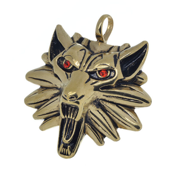 Edelstahlanhänger - Wolfskopf mit roten Augen Gold