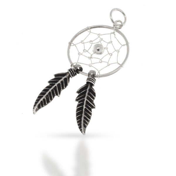 925 Sterling Silberanhänger - Traumfänger mit Kugel und zwei Federn - 12mm