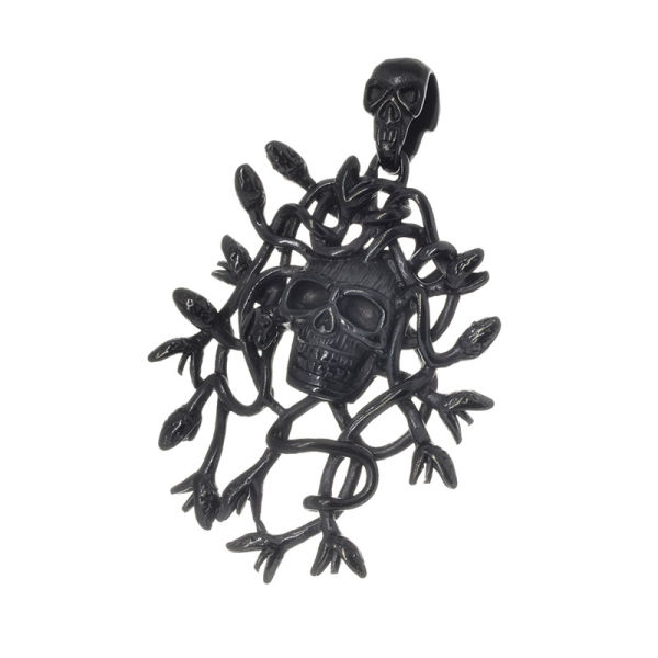 Edelstahlanhänger - Totenkopf umgeben mit Schlangen PVD-Schwarz