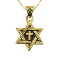 Edelstahlanhänger - Kreuz im Davidstern PVD-Gold