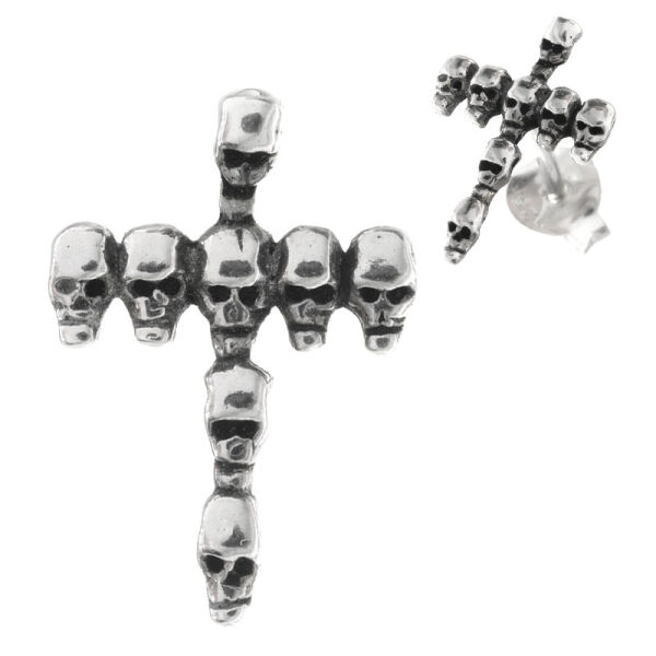 Silberohrstecker Kreuz mit Totenköpfe